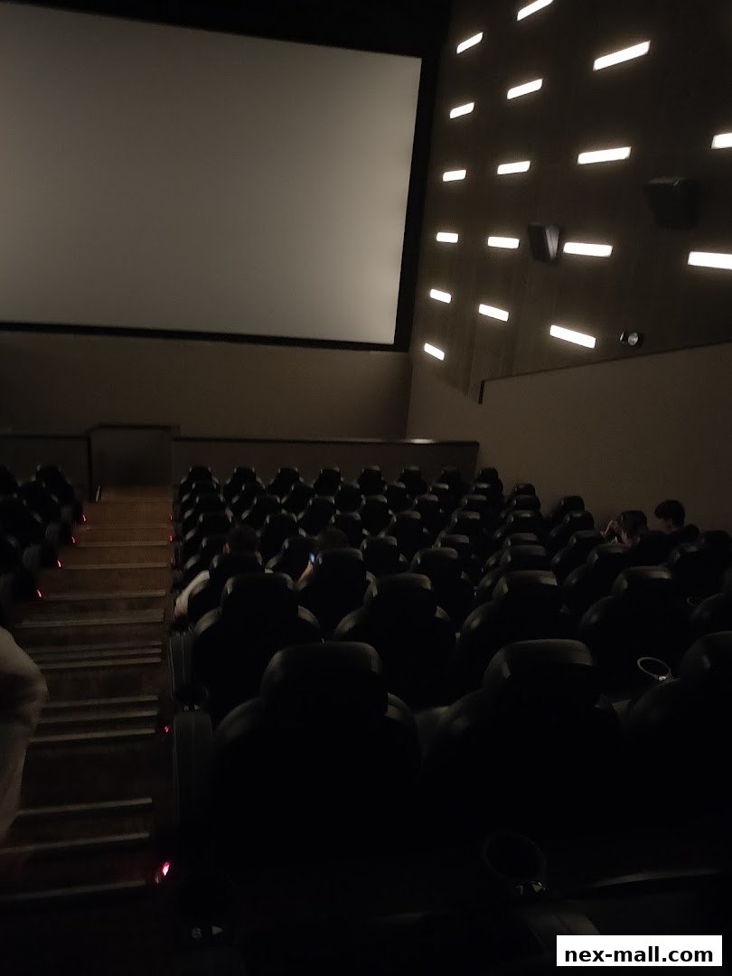 Interior view of a cinema hall with empty seats and a large screen.