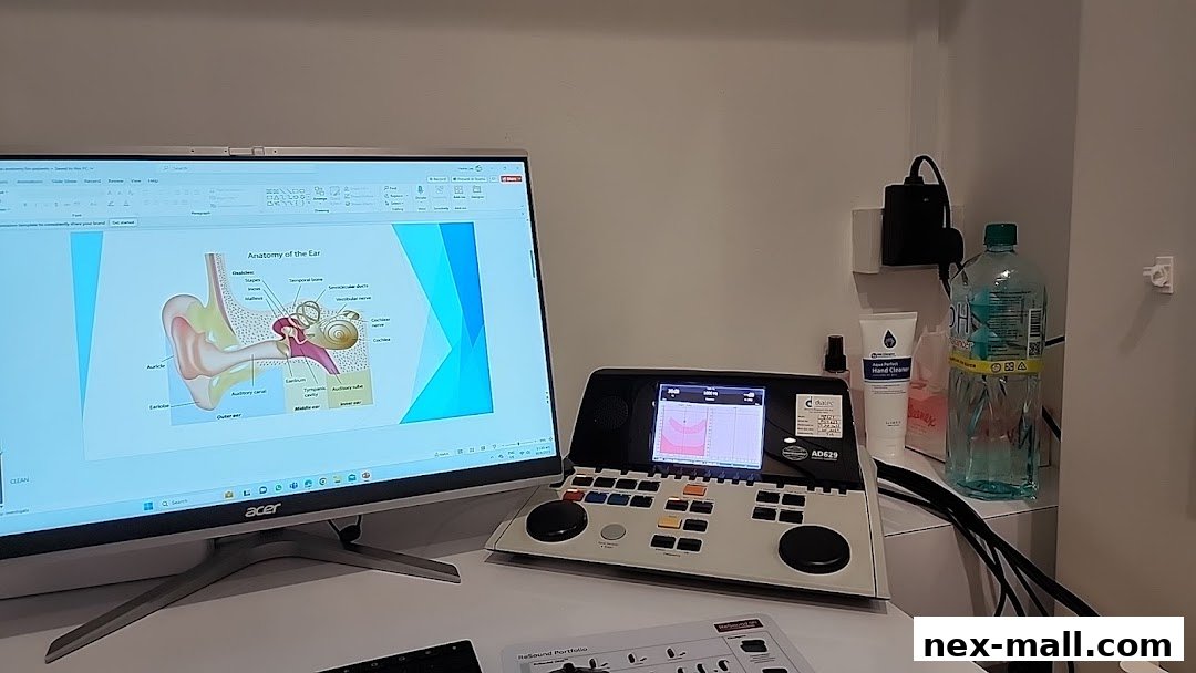 A desk with a computer displaying ear anatomy and audiology equipment.