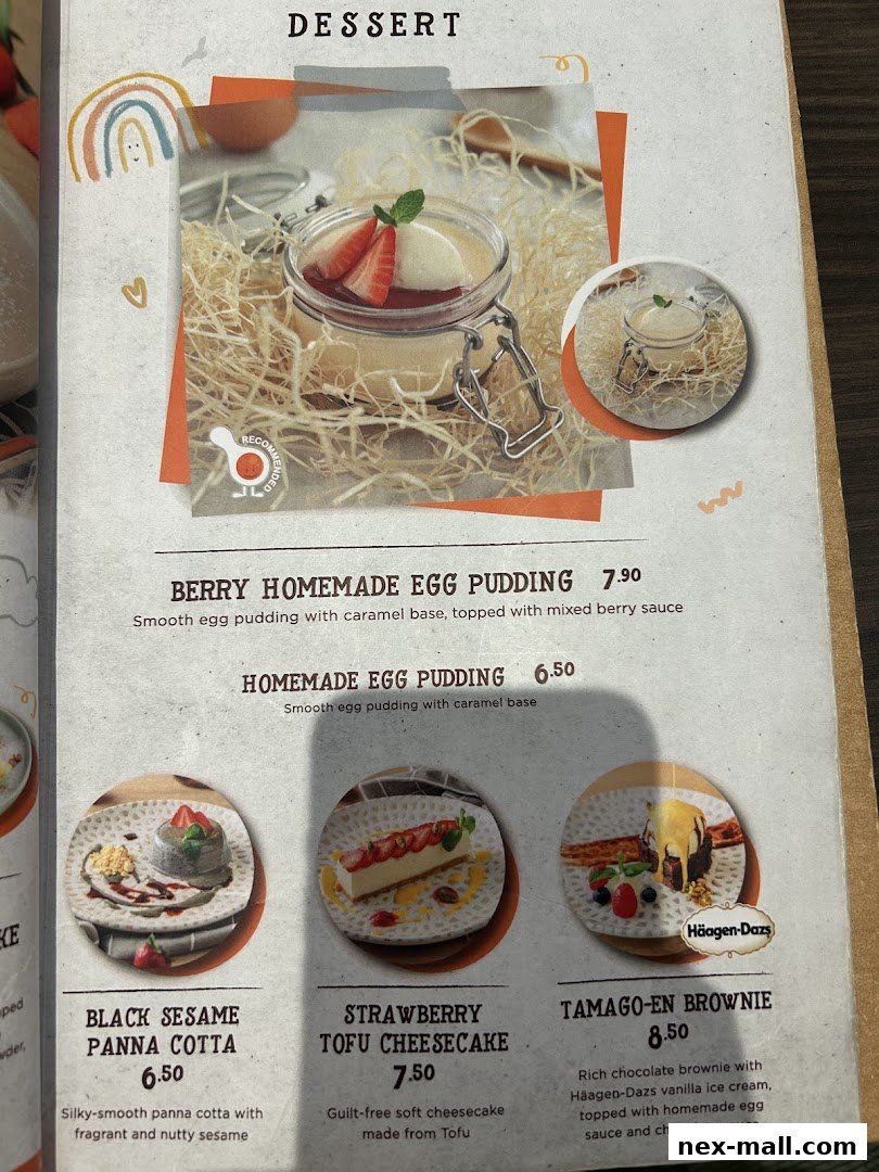 A menu page showcasing various desserts including egg puddings, panna cotta, cheesecake, and brownies.