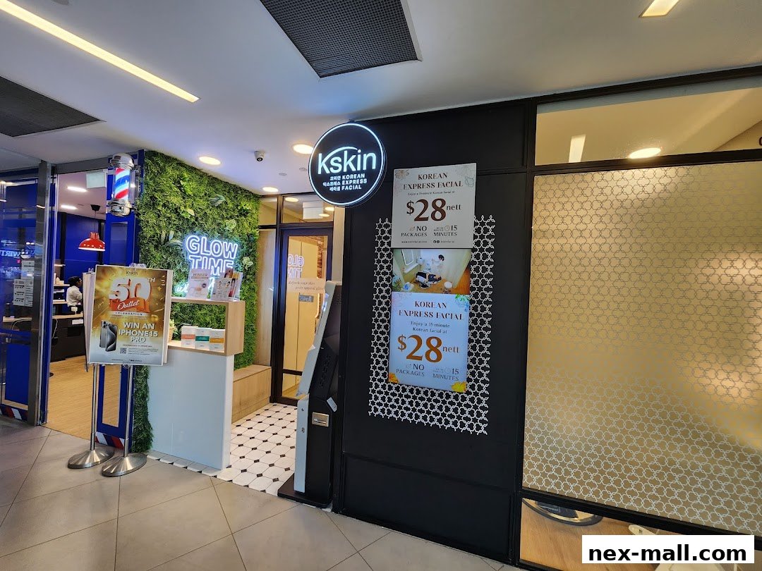 The Kskin Korean Express Facial shop front with promotional posters and a green wall.