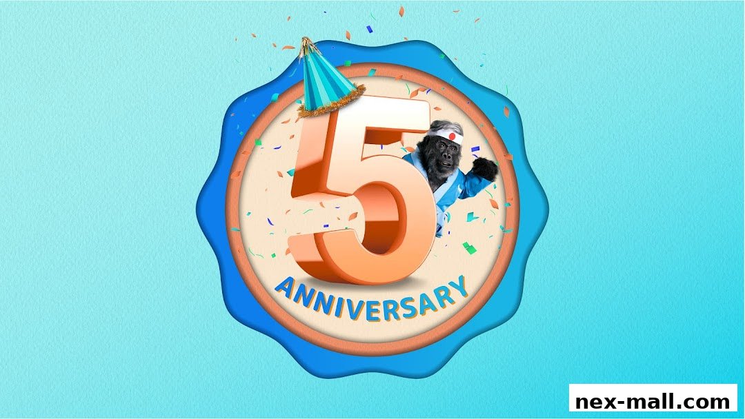 A gorilla in a blue robe and party hat celebrates the 5th anniversary with confetti.
