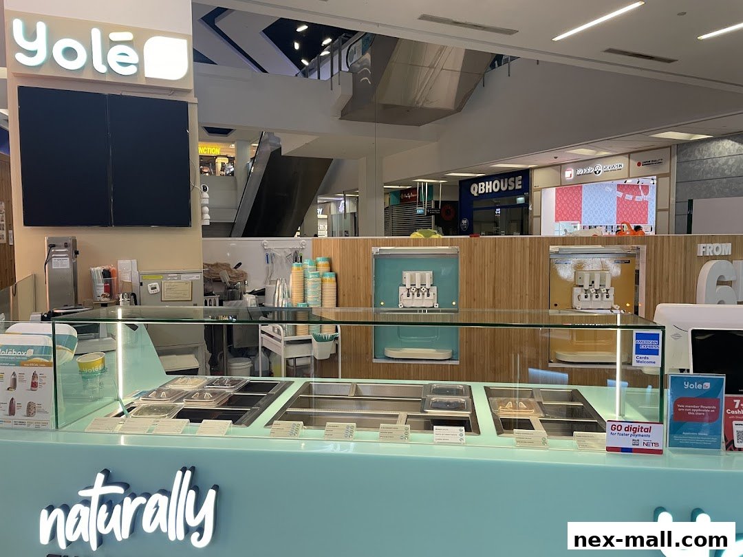 A Yolé Nex frozen yogurt shop counter with toppings and machines visible.