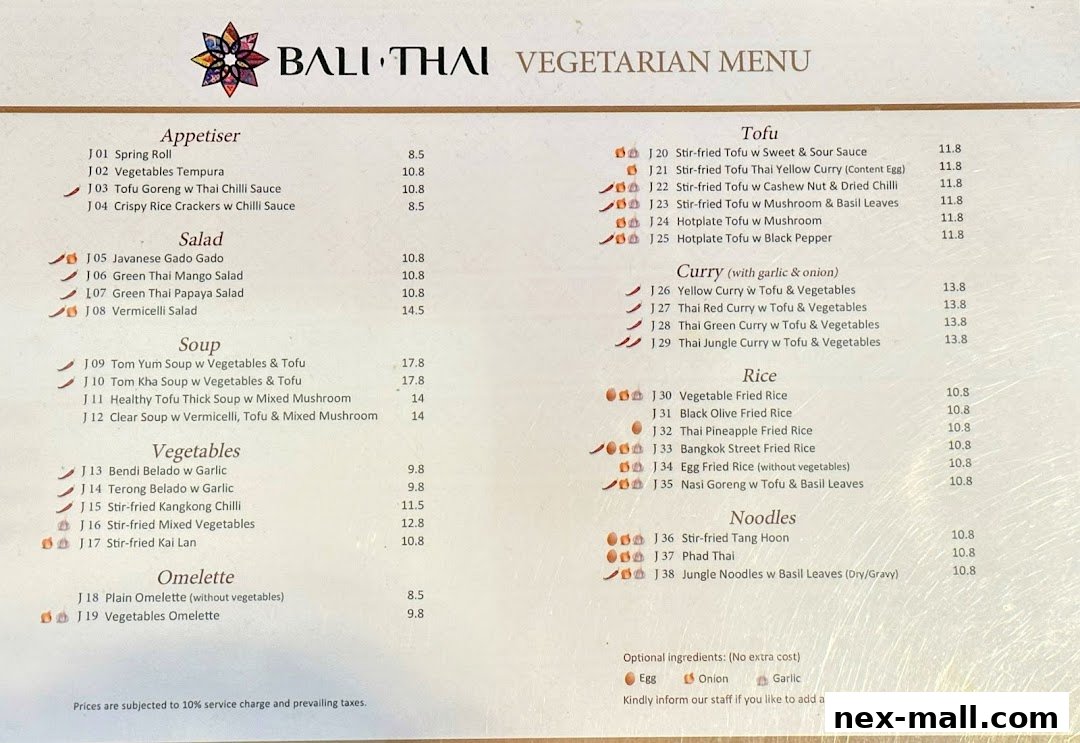 A vegetarian menu from Bali Thai featuring appetizers, salads, soups, vegetables, omelettes, tofu dishes, curries, rice, and noodles.