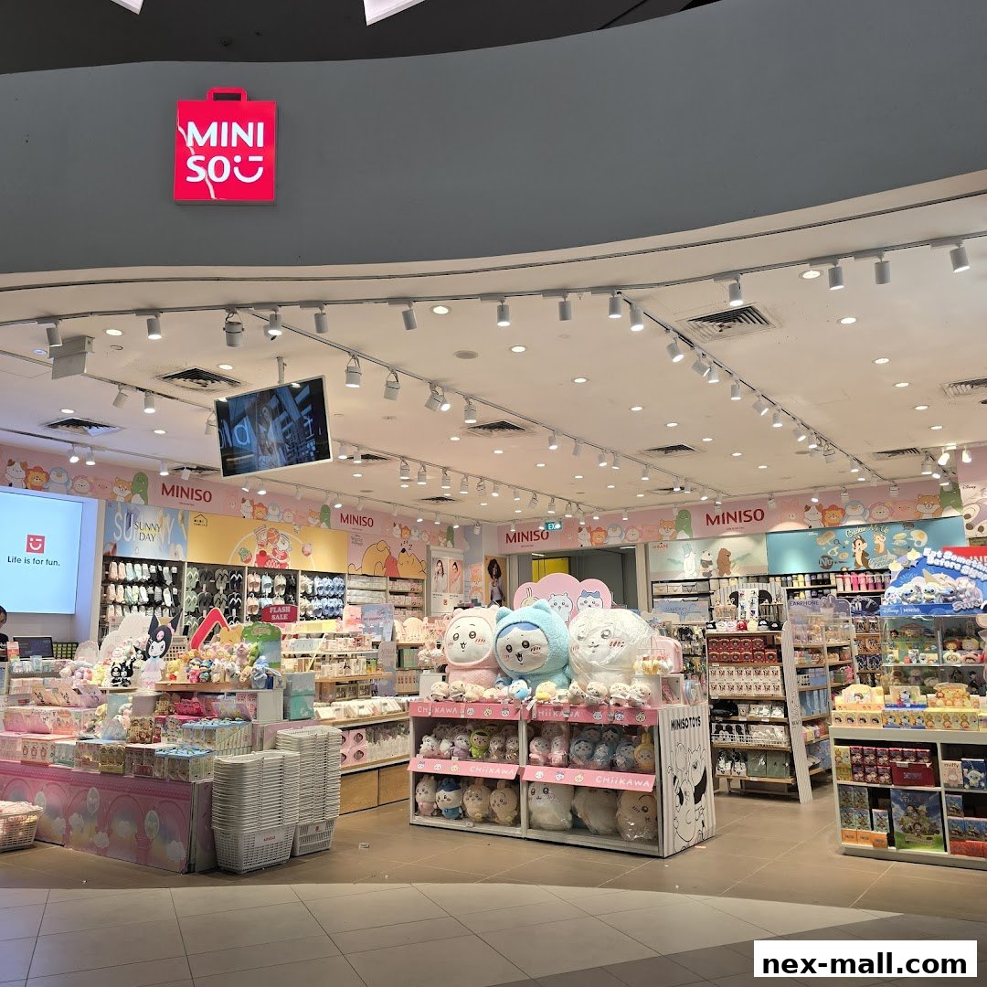 Interior view of a brightly lit MINISO store filled with plush toys and various merchandise.