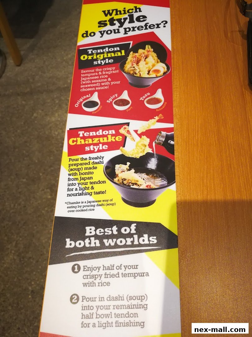A menu display showcasing two styles of Tendon: Original and Chazuke.