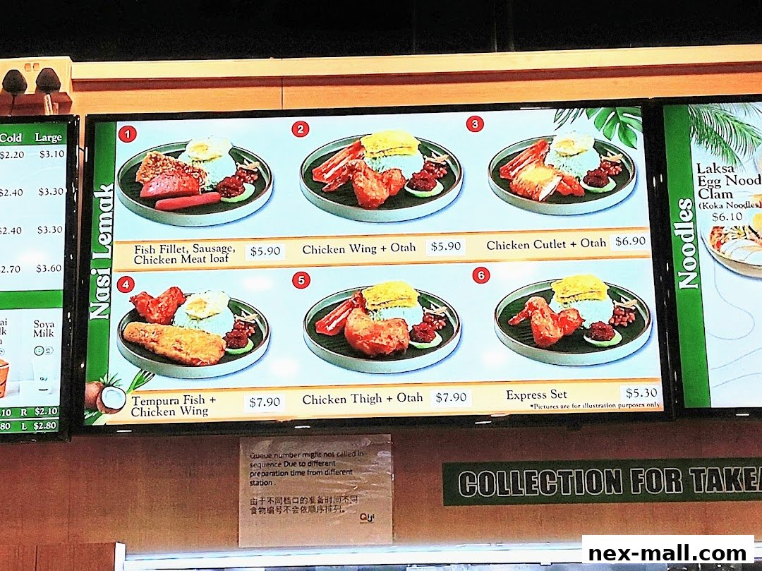 A digital menu board displaying various Nasi Lemak and noodle dishes with prices.
