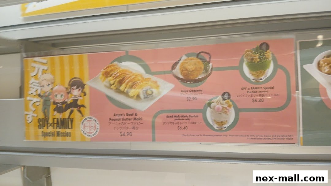 A menu board featuring SPY x FAMILY themed sushi and desserts.