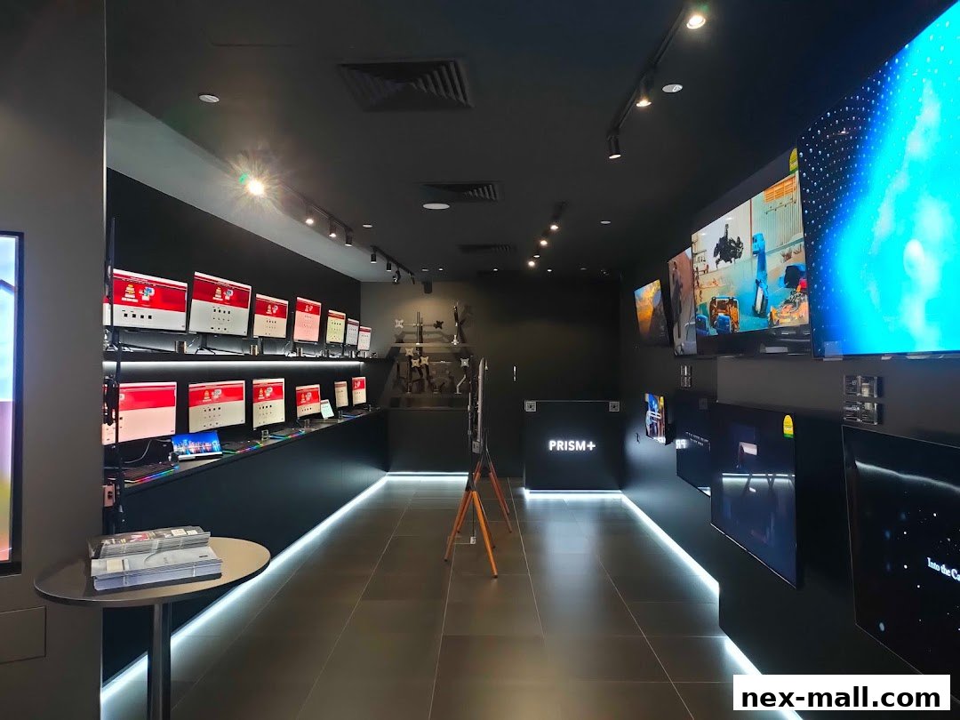 Interior view of PRISM+ electronics store showcasing monitors and TVs.