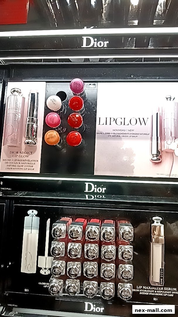 A display of Dior lip products, including Lip Glow and Lip Maximizer Serum.