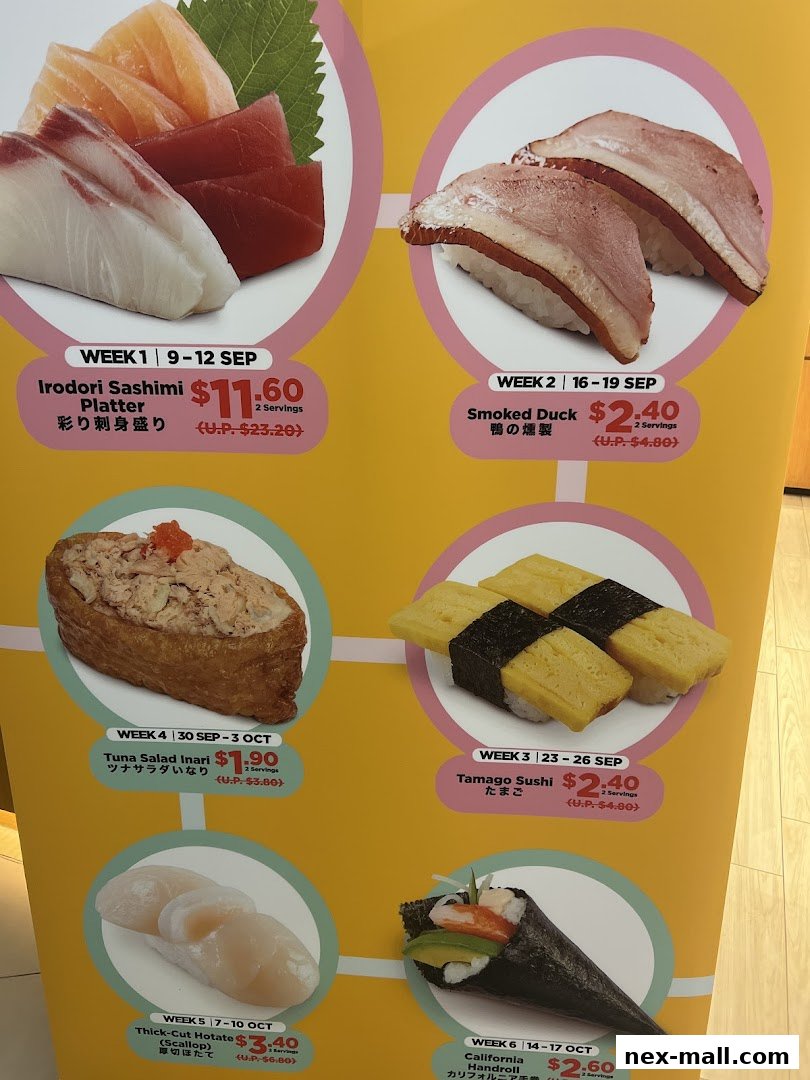 A colorful display of various sushi and sashimi offerings with prices and dates.