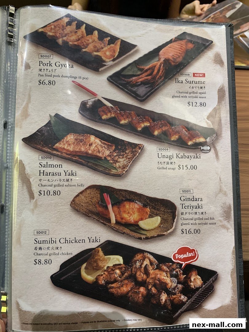 A menu from Aburi-EN Nex featuring various grilled Japanese dishes with prices.
