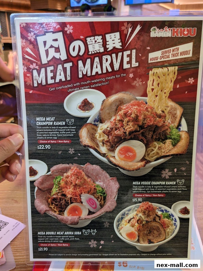 A menu featuring 'Meat Marvel' ramen and abura soba with various meat toppings.