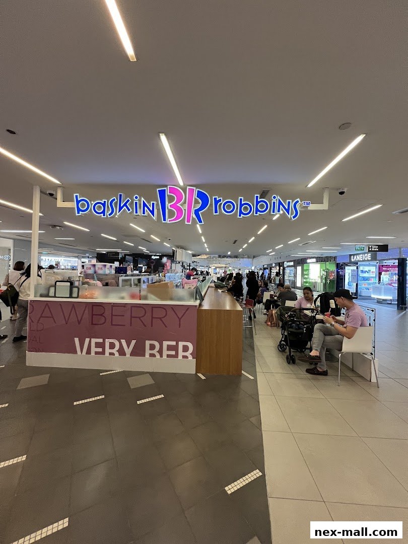 Baskin-Robbins ice cream shop with its iconic logo and a display counter.