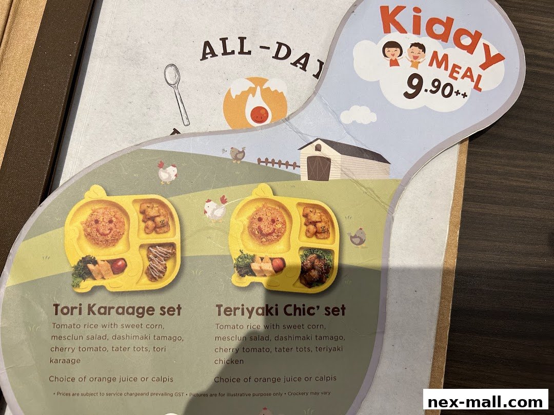 A menu featuring two kids' meal sets with cute presentations and farm-themed illustrations.