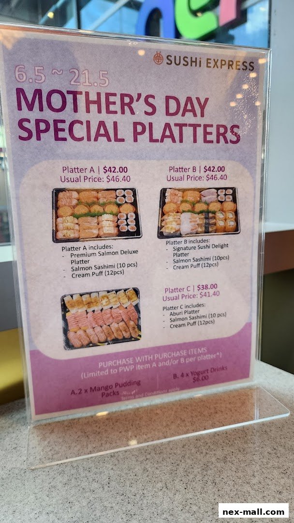 A sign advertising Sushi Express's Mother's Day special platters with prices and inclusions.