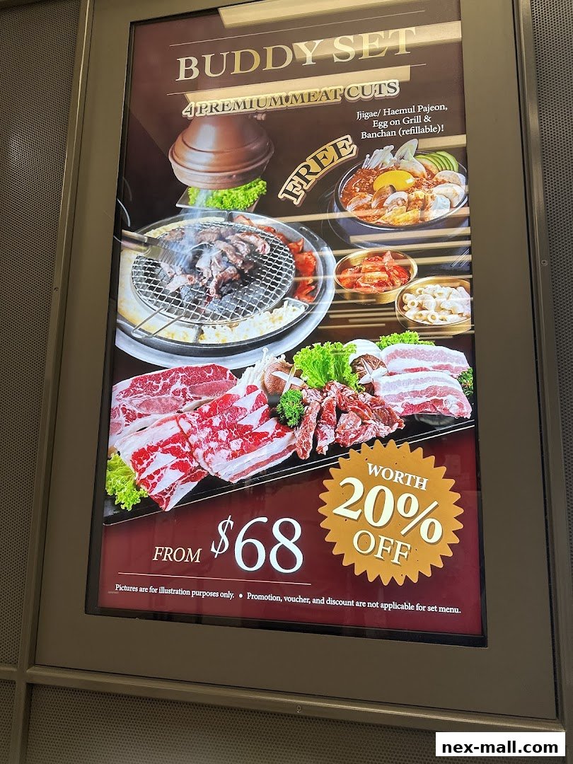 A promotional poster for a Korean BBQ 'Buddy Set' featuring premium meat cuts and a free side dish.