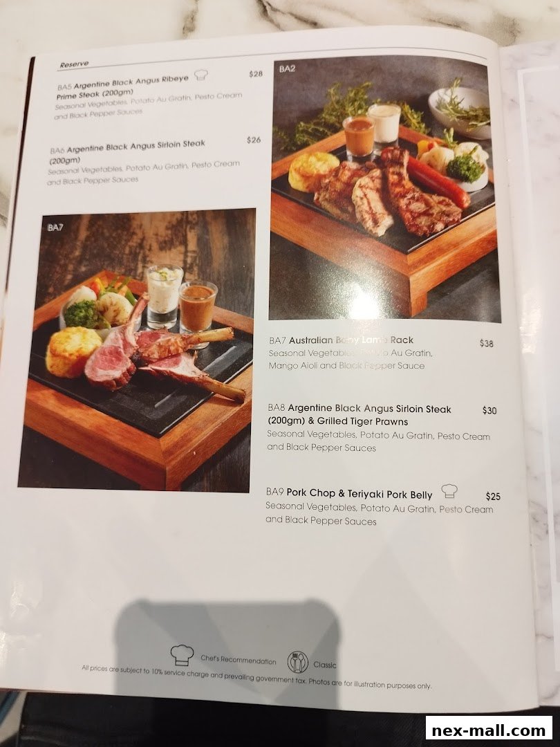 A menu from COLLINS NEX featuring various steak and meat dishes with descriptions and prices.