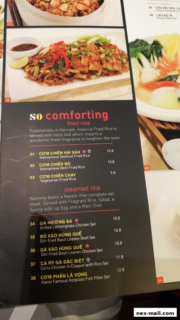 A menu from So Pho NEX featuring Vietnamese fried rice and steamed rice dishes with prices.