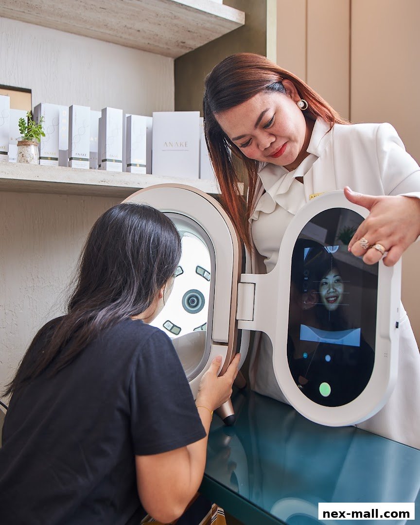 A skincare professional analyzes a client's skin using advanced diagnostic equipment.