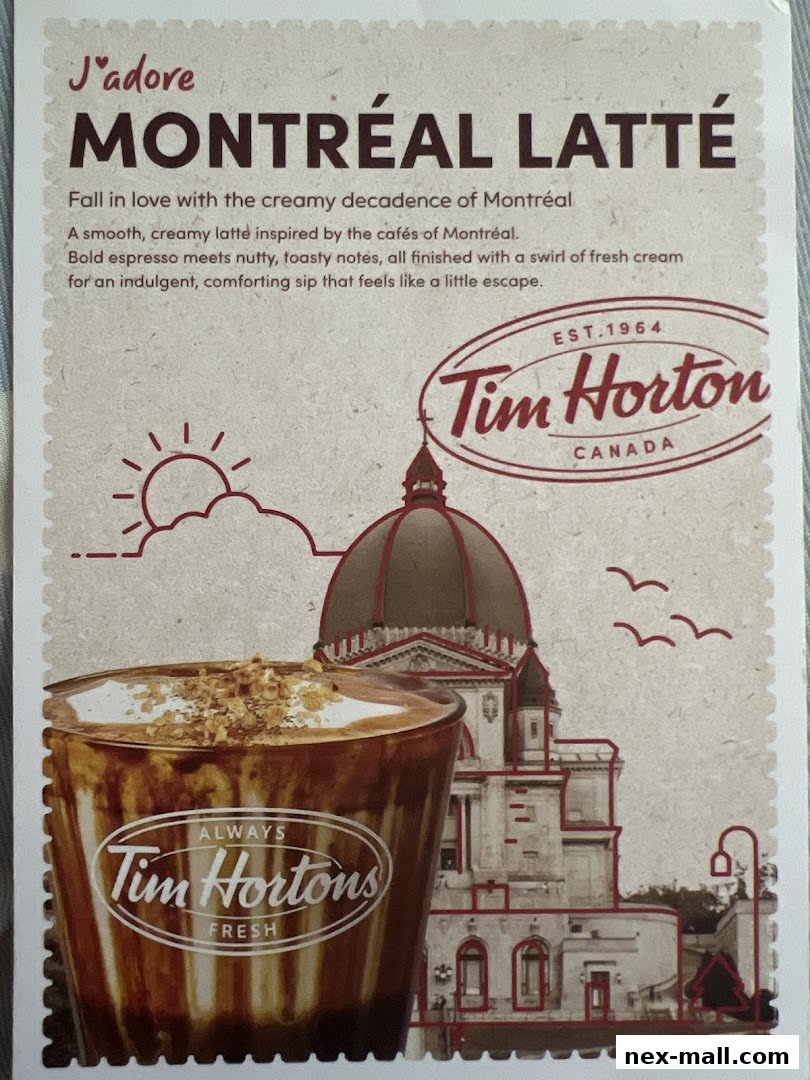 A promotional flyer for Tim Hortons' Montréal Latté, featuring a coffee and a building illustration.