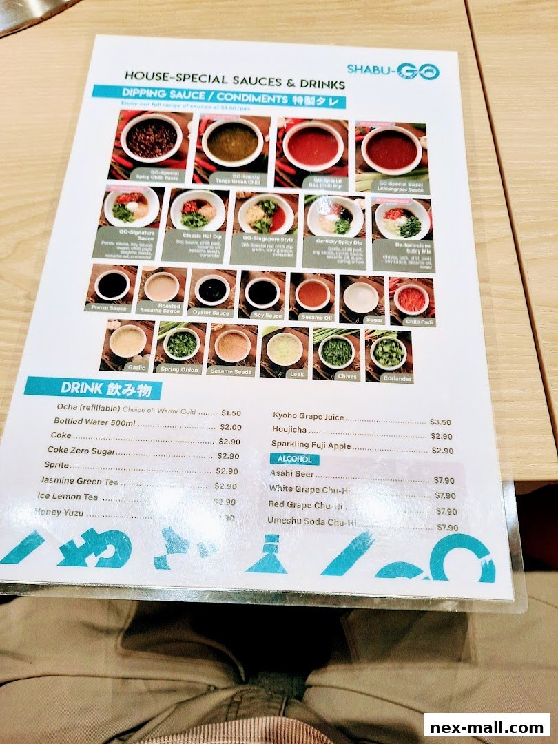 A menu featuring house-special sauces, condiments, and drinks for Japanese hot pot.