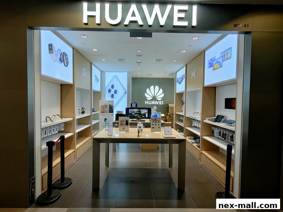 The entrance of a Huawei Concept Store showcasing various Huawei products and branding.