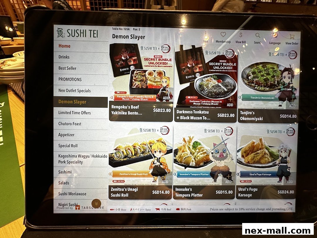 A tablet displaying the Sushi Tei menu with a Demon Slayer collaboration theme.