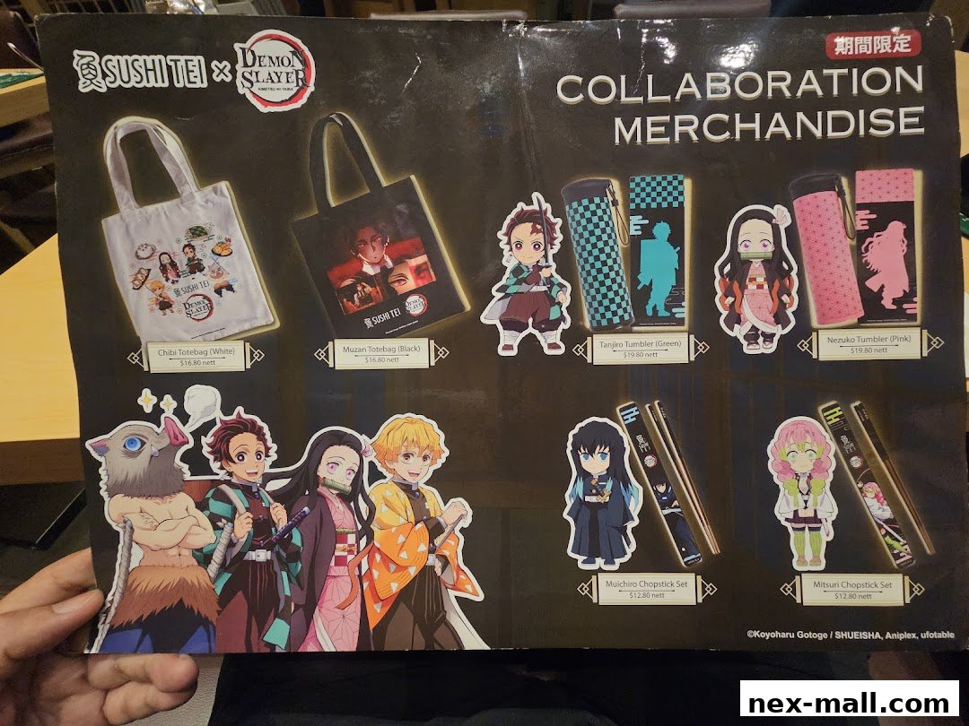 Sushi Tei x Demon Slayer collaboration merchandise featuring tote bags, tumblers, and chopsticks.
