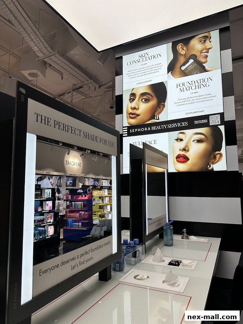 Sephora beauty services offering skin consultation and foundation matching with digital displays.