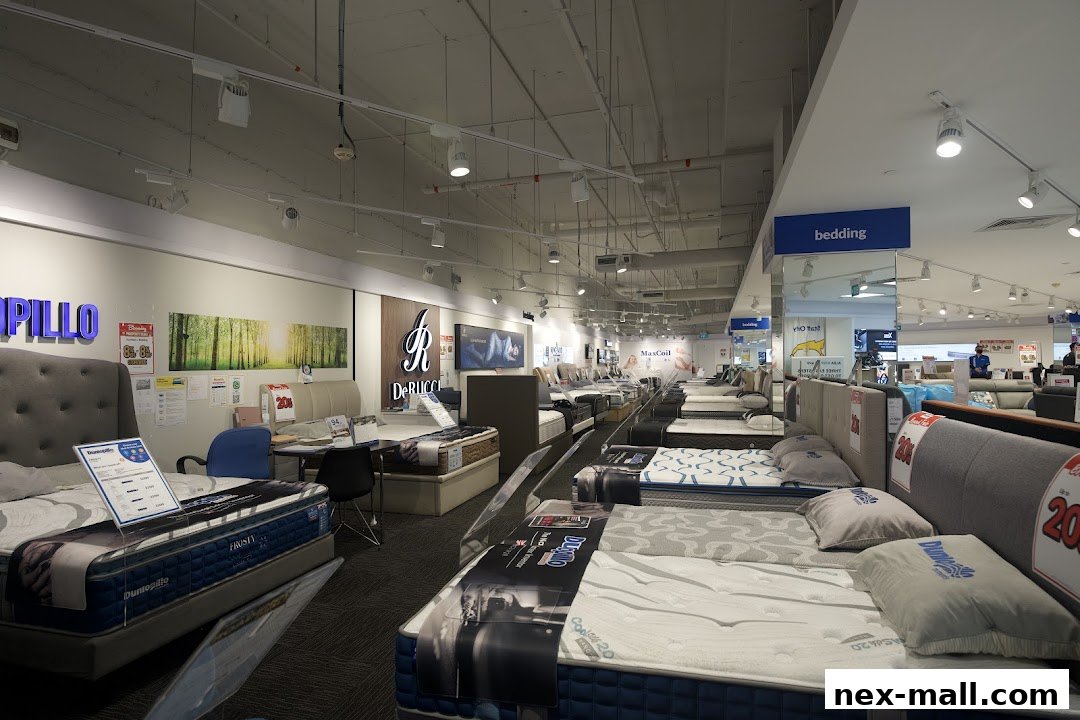 Interior view of a mattress store showcasing a wide selection of beds and bedding.
