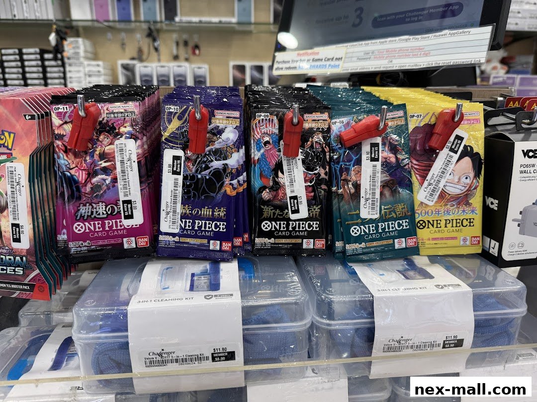 Packs of One Piece and Pokemon trading cards are displayed with cleaning kits below.