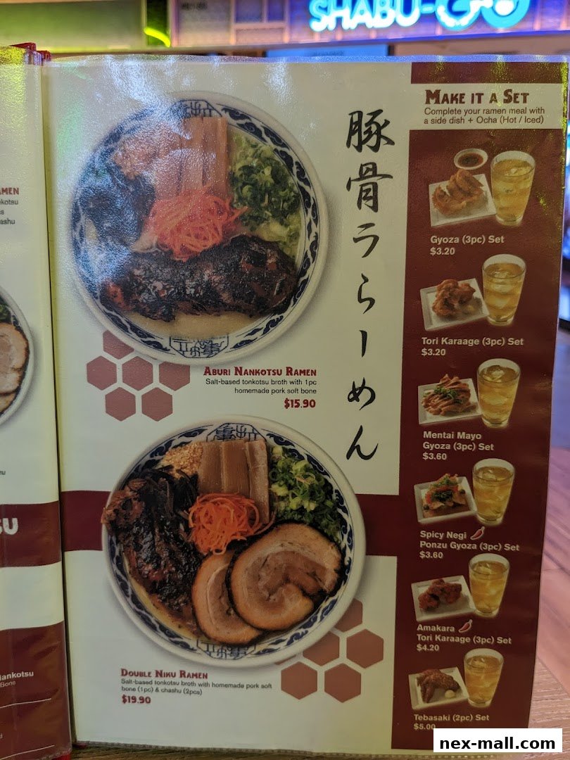 A menu featuring two ramen dishes and various side dish sets with drinks.