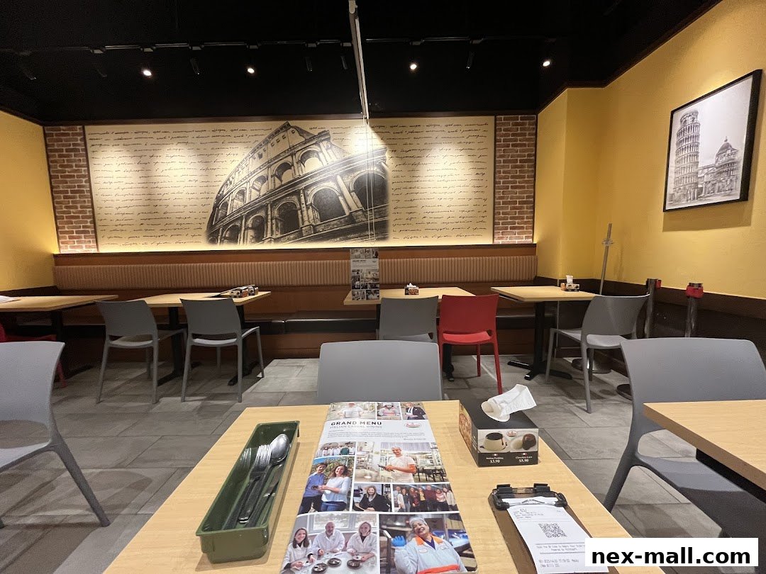 Interior of a Saizeriya restaurant with tables, chairs, and Roman-themed decor.