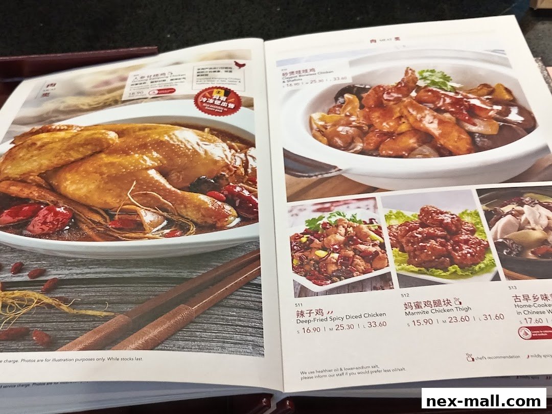 A menu featuring various chicken dishes, including whole chicken and diced chicken.