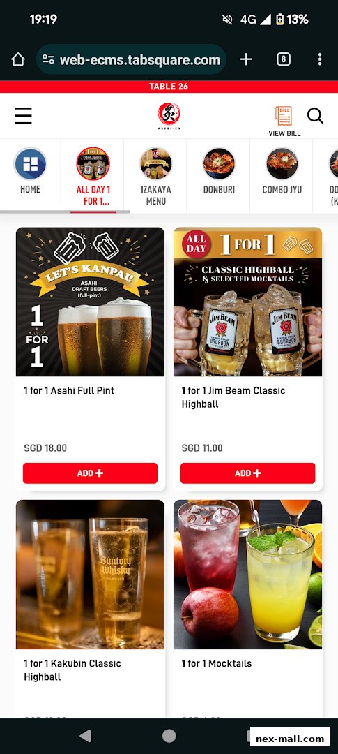 A mobile screen displaying food and drink promotions from Aburi-EN Nex.