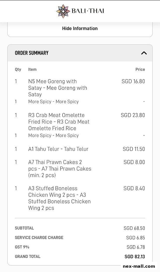 An order summary from Bali Thai showing various dishes and their prices.