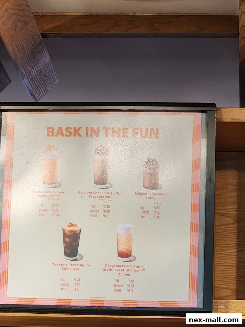 A menu board displaying various Starbucks beverages with images and prices.
