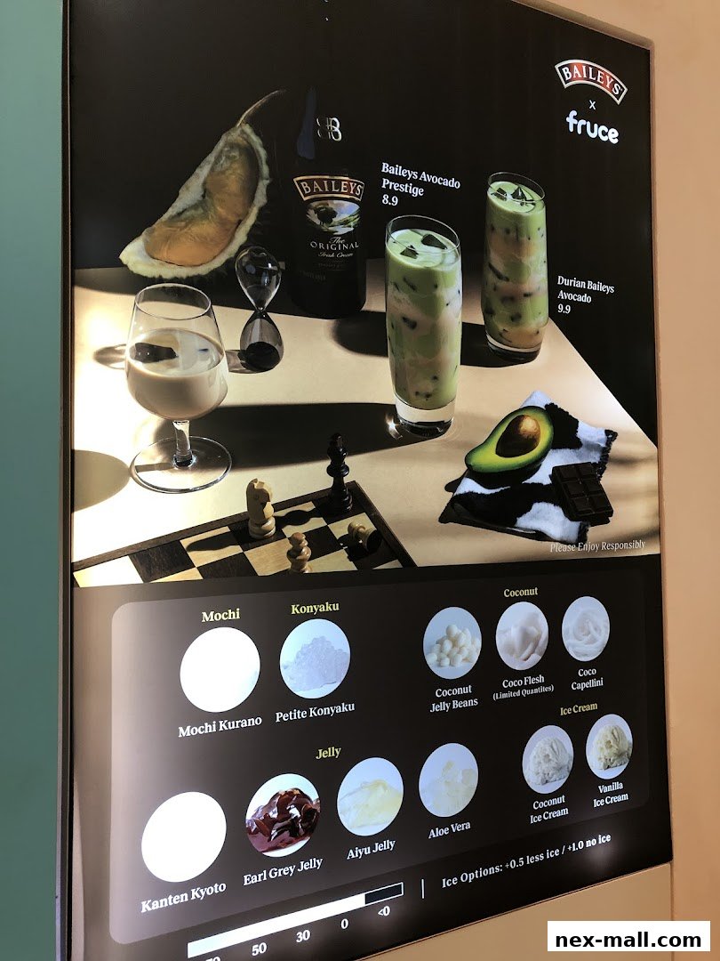 A menu display for Fruce featuring Baileys-infused drinks and various toppings.