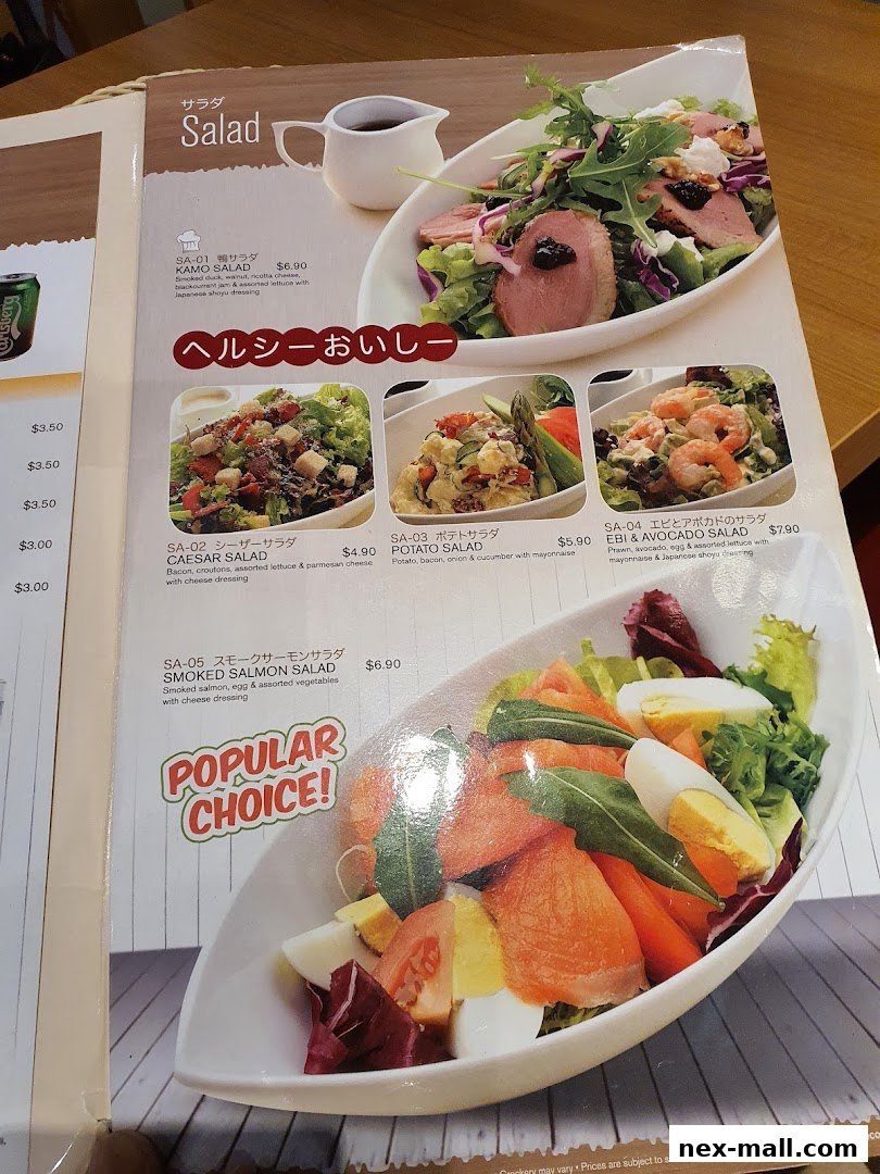 A menu page showcasing various salads with appetizing images and descriptions.