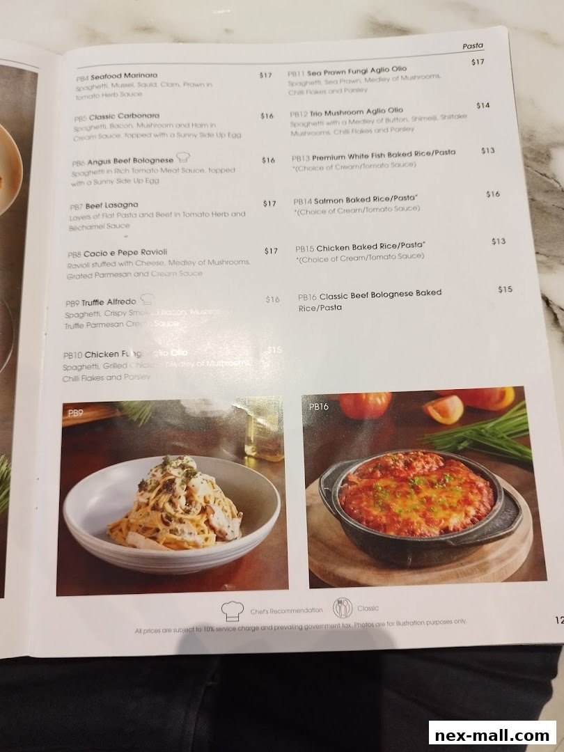 A menu page from COLLINS NEX featuring pasta and baked rice dishes with prices.