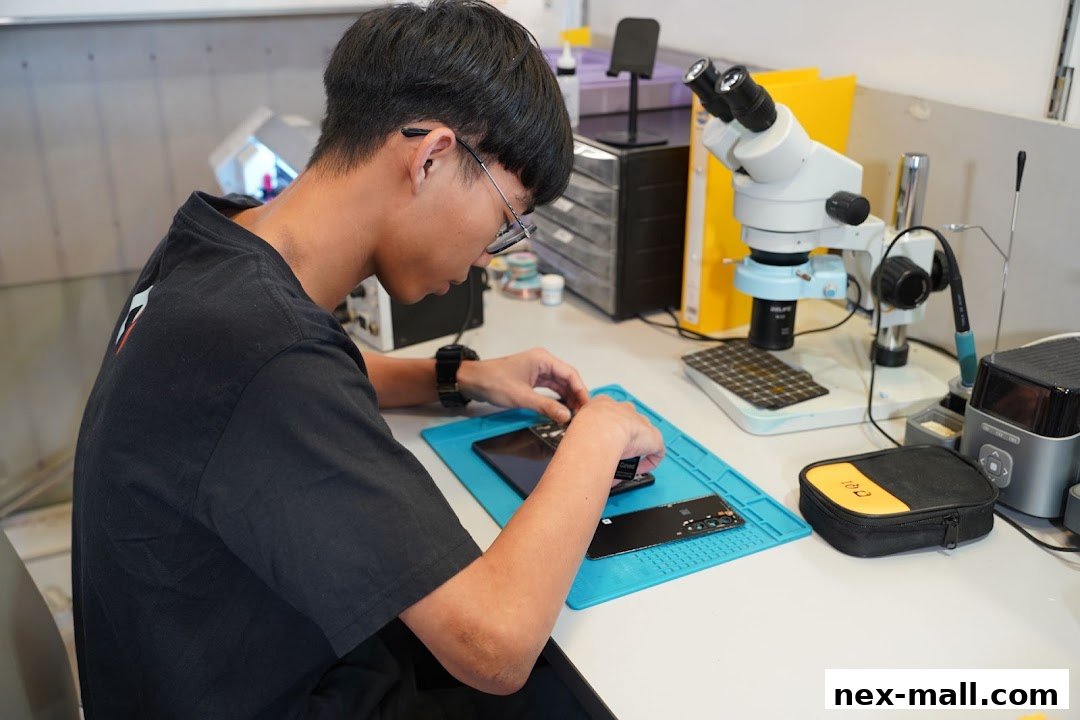 A technician meticulously repairs a smartphone with specialized tools and a microscope.