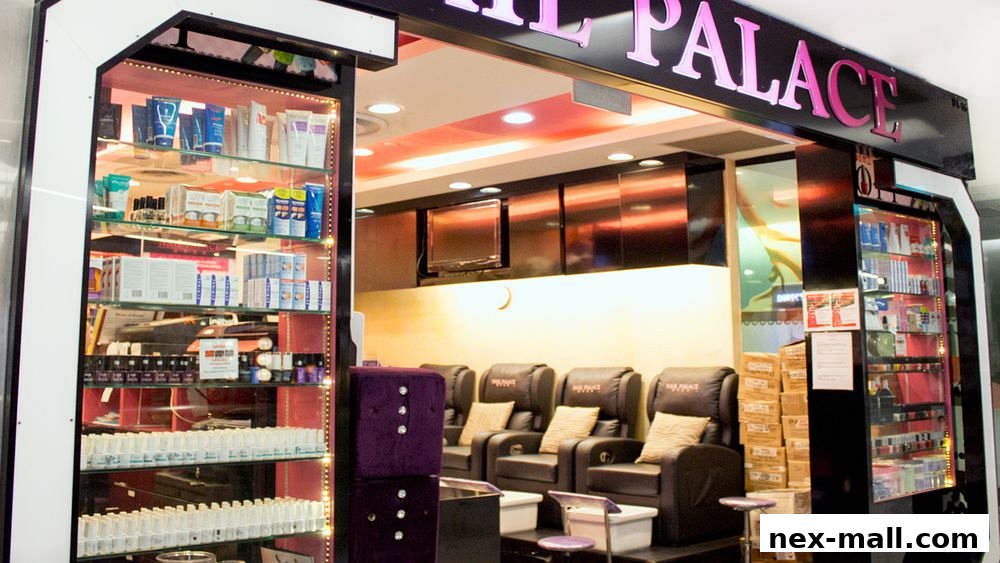 Nail Palace shop front with display shelves, pedicure chairs, and products.