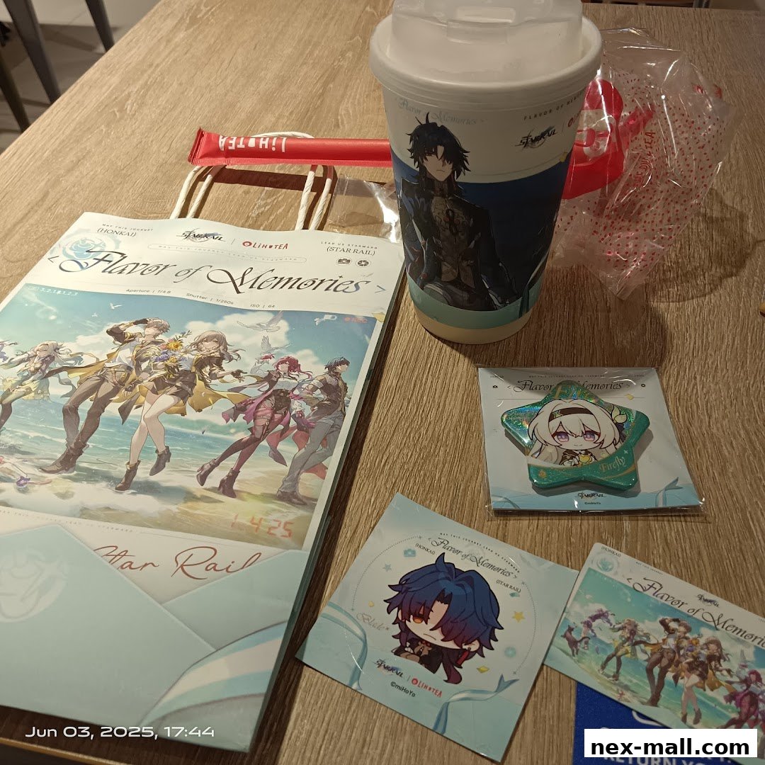 A table with LiHO TEA merchandise, including a cup, bag, and character badges.