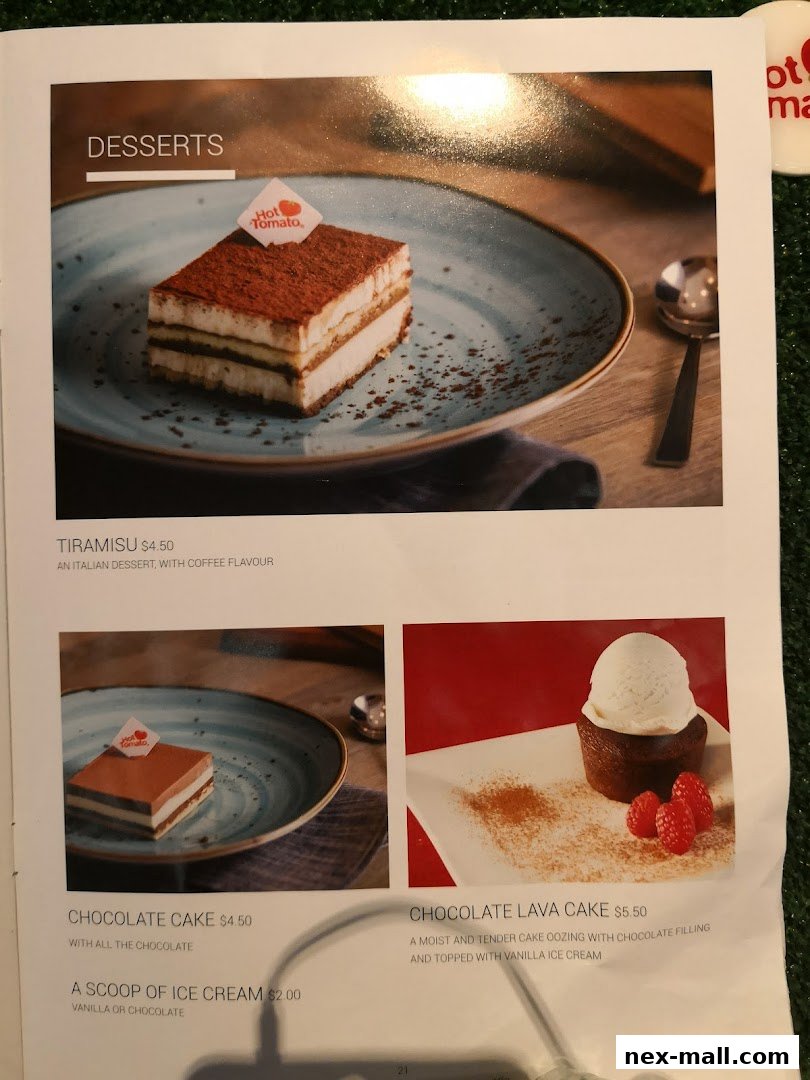 A menu page from Hot Tomato featuring various desserts like Tiramisu and Chocolate Lava Cake.