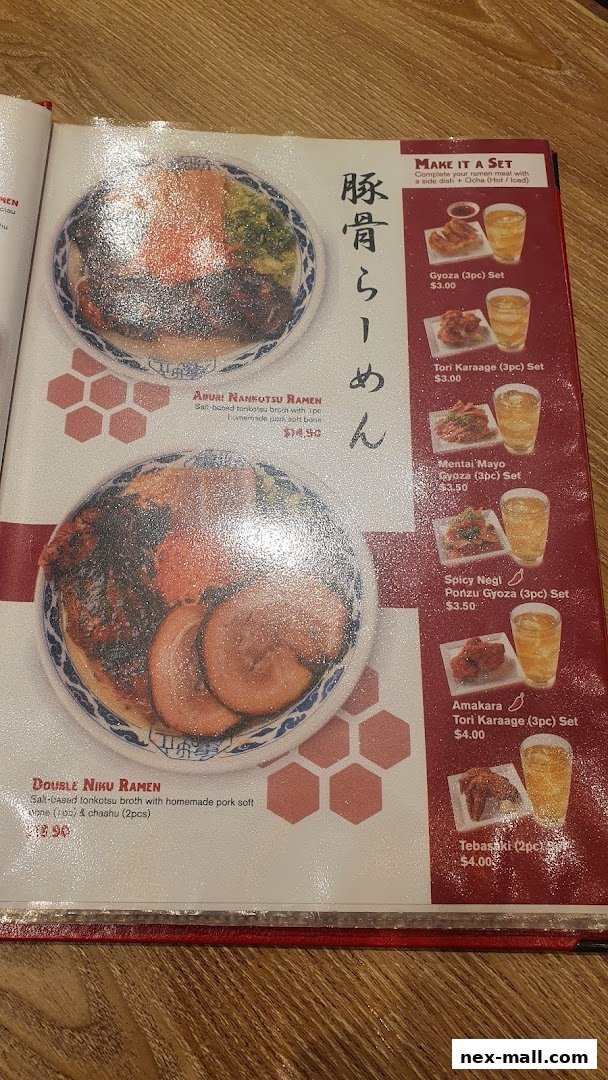 A menu page showcasing various ramen dishes and set meals with accompanying side dishes.