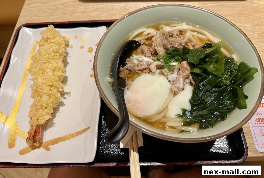 A bowl of udon noodles with meat, egg, and seaweed, served with a side of tempura shrimp.