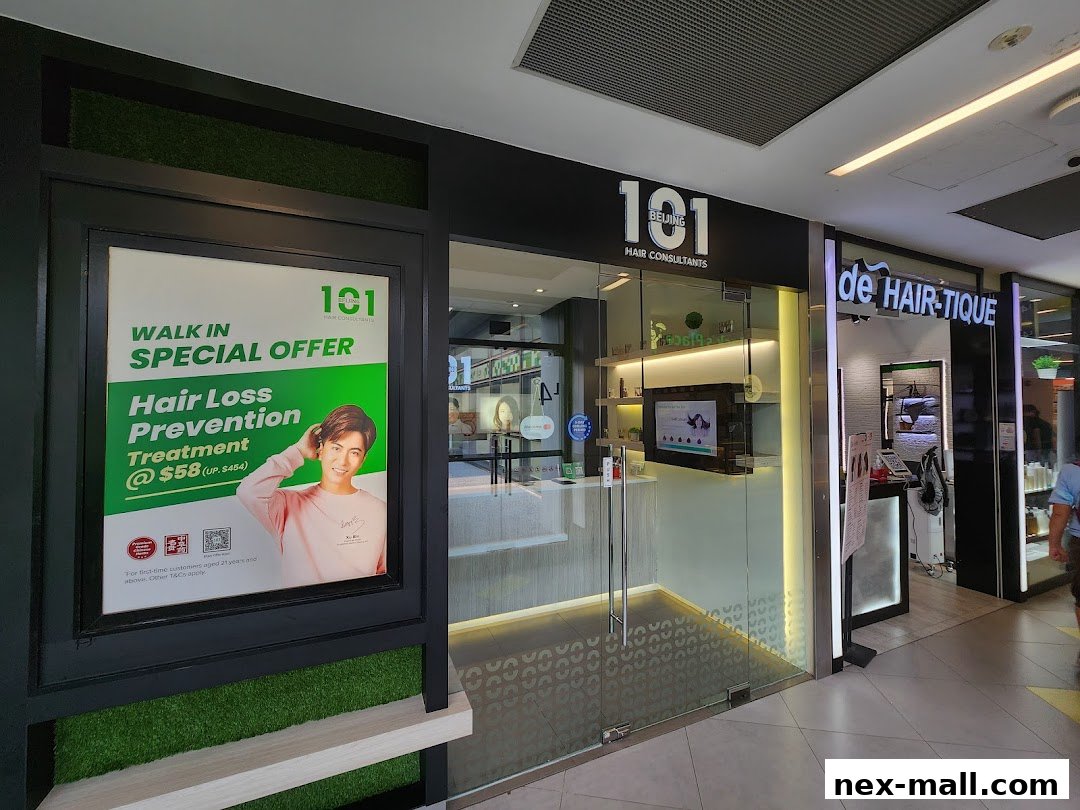 The exterior of Beijing 101 Hair Consultants, featuring a special offer for hair loss prevention treatment.