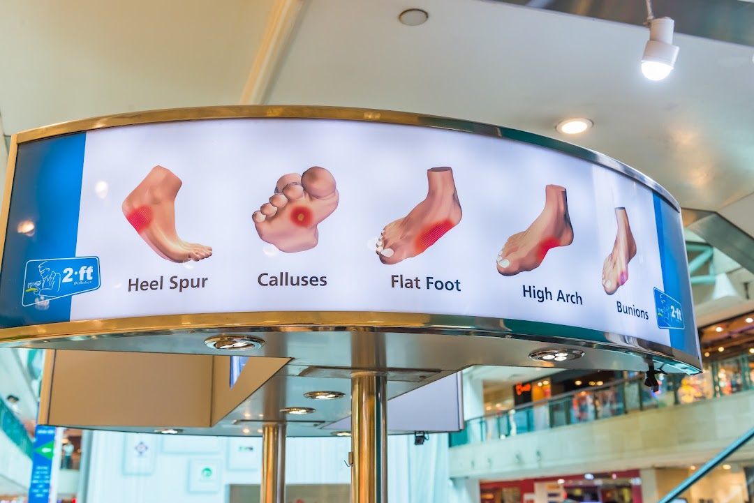 An illuminated display from 2ft Orthotics showcasing common foot conditions like heel spurs and bunions.