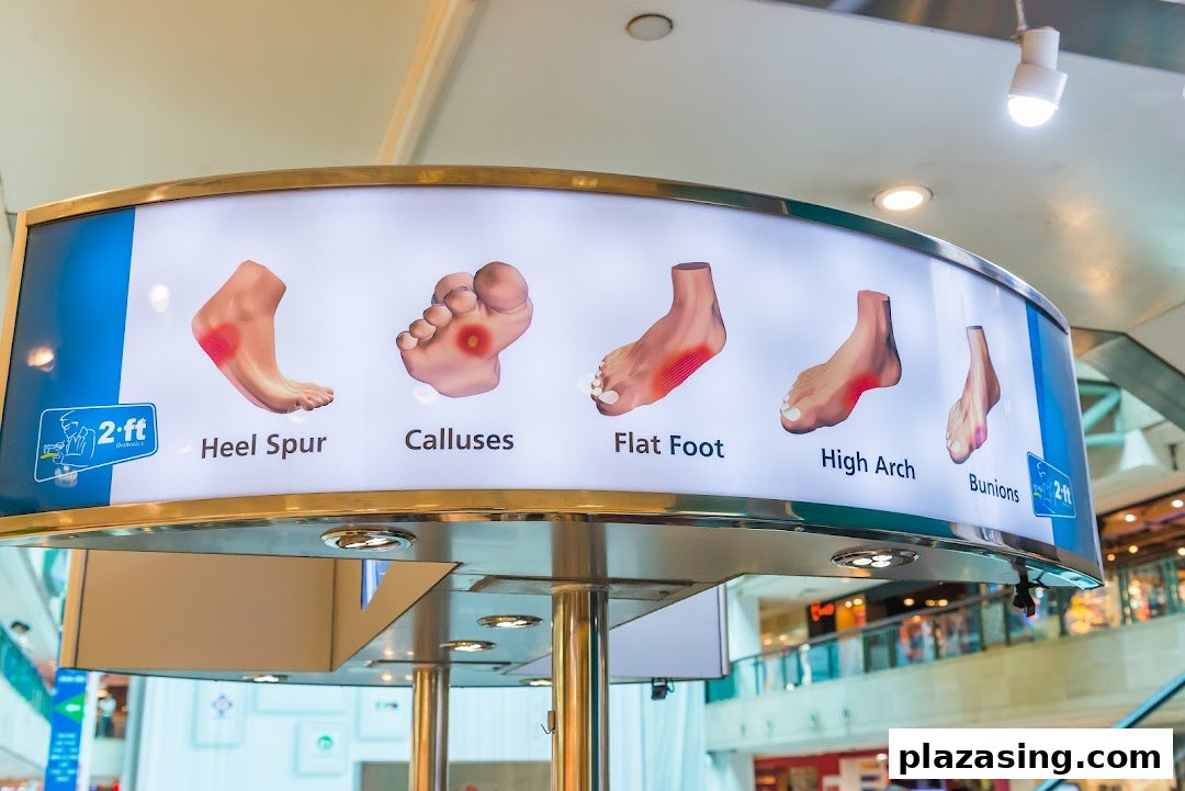 An illuminated display from 2ft Orthotics showcasing common foot conditions like heel spurs and bunions.