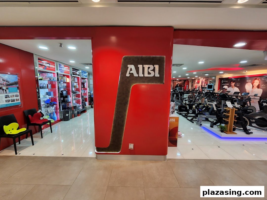 The Aibi shop entrance showcasing fitness equipment and accessories, with a prominent red and black logo.